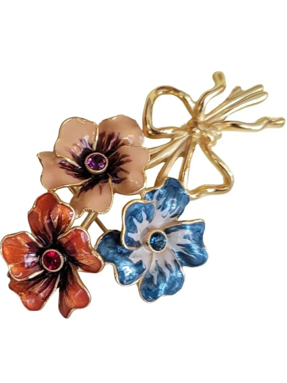 Joan Rivers Orange Red, Blue Enamel Rhinestone Flower Bunch Brooch, Signed K72